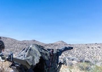 A military soldier in camouflage uniform walks through an arid desert terrain alongside a small unmanned ground vehicle (UGV) covered with a camouflage net. The setting appears to be a desert training environment, likely in the American Southwest based on the terrain, vegetation, and rocky hills visible in the background. The scene suggests a military field exercise or equipment evaluation.