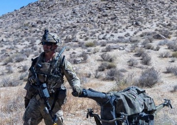 A fully equipped soldier in MultiCam/OCP camouflage uniform is pulling a small robotic ground vehicle through arid desert terrain. The soldier is carrying a rifle and full combat kit while guiding what appears to be a military logistics or cargo robot on wheels. The setting is a dry, scrub-covered hillside consistent with a training environment in the American Southwest.