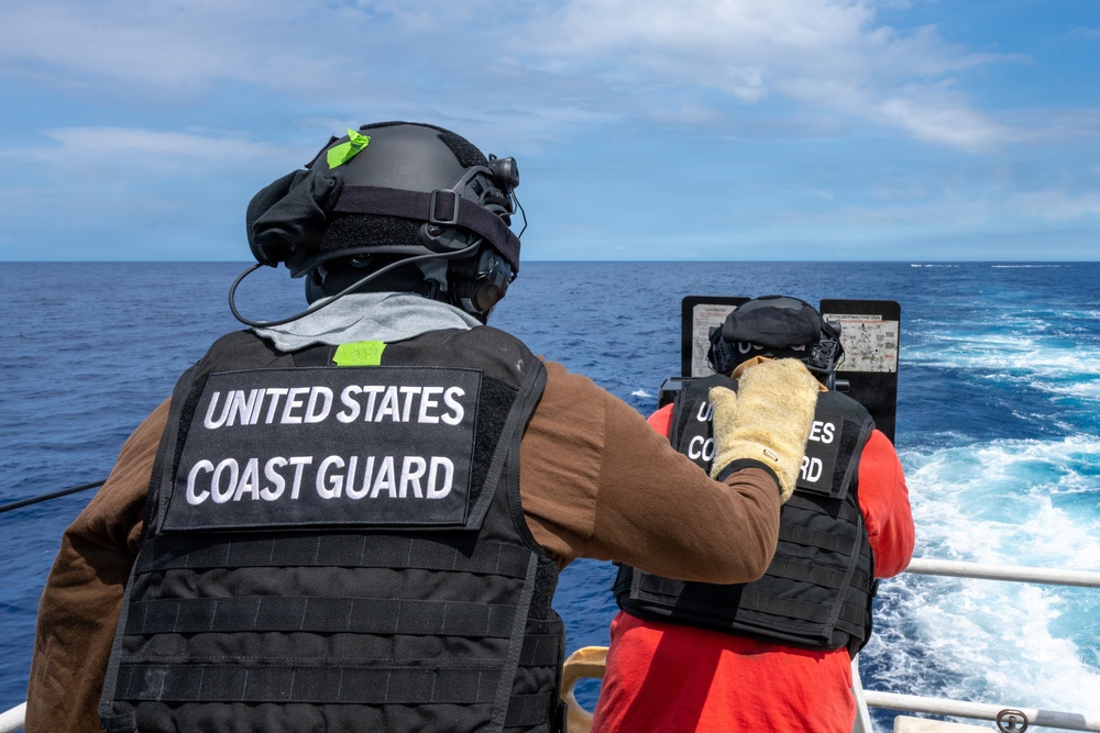 U.S. Coast Guard Cutter Kimball (WMSL 756) conducts dry-fire 50-caliber training