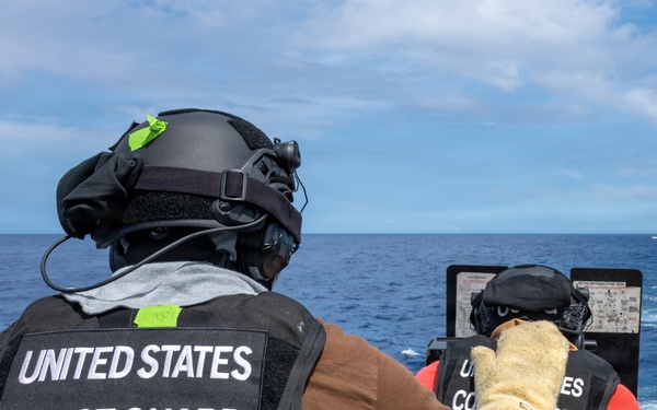 U.S. Coast Guard Cutter Kimball (WMSL 756) conducts dry-fire 50-caliber training