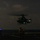 LCF-24: Lowlight Fast-roping drills A military helicopter is hovering or landing on a naval vessel's flight deck at night, illuminated by green navigation/formation lights. Two deck crew members in yellow jerseys are visible on the flight deck, one appearing to signal the aircraft. The scene takes place over open ocean under a partly cloudy night sky.