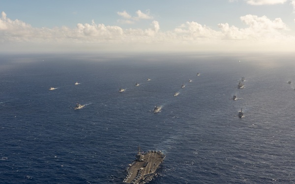 Partner nations participate in group sail lead by the USS Theodore Roosevelt during RIMPAC 26