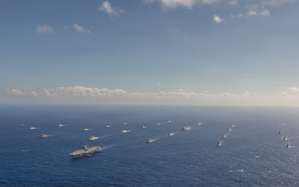Partner nations participate in group sail lead by the USS Theodore Roosevelt during RIMPAC 26
