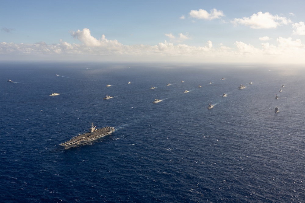 Partner nations participate in group sail lead by the USS Theodore Roosevelt during RIMPAC 26