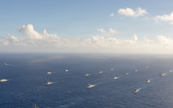 Partner nations participate in group sail lead by the USS Theodore Roosevelt during RIMPAC 26