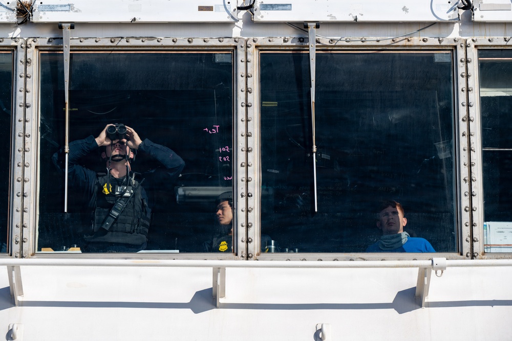 U.S. Coast Guard Cutter Kimball (WMSL 756) conducts live-fire 50-caliber training