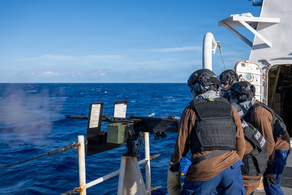 U.S. Coast Guard Cutter Kimball (WMSL 756) conducts live-fire 50-caliber training