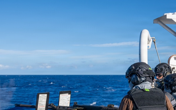 U.S. Coast Guard Cutter Kimball (WMSL 756) conducts live-fire 50-caliber training