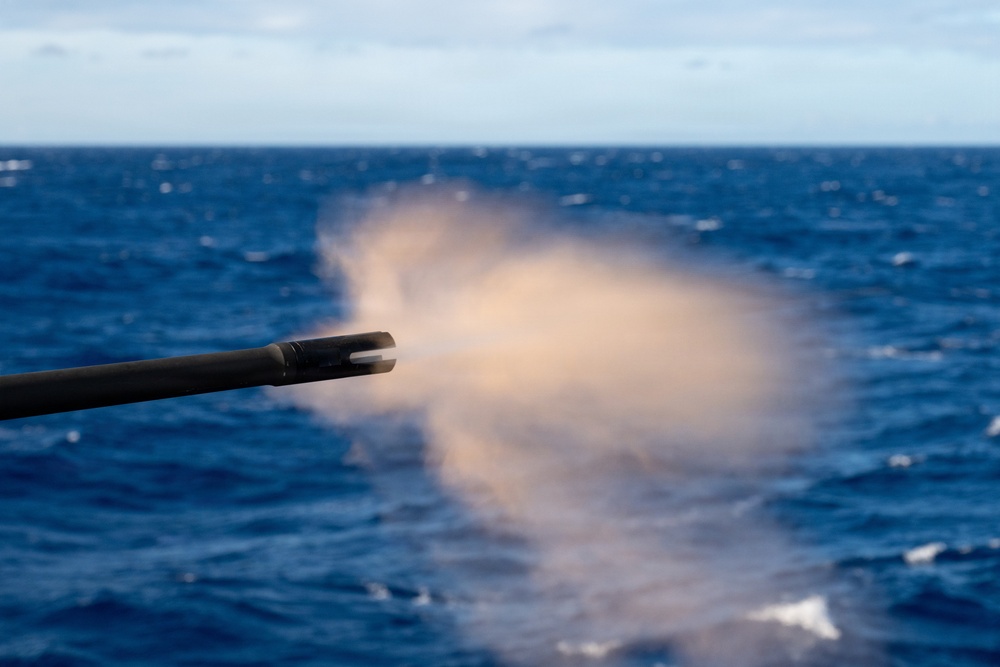 U.S. Coast Guard Cutter Kimball (WMSL 756) conducts live-fire 50-caliber training