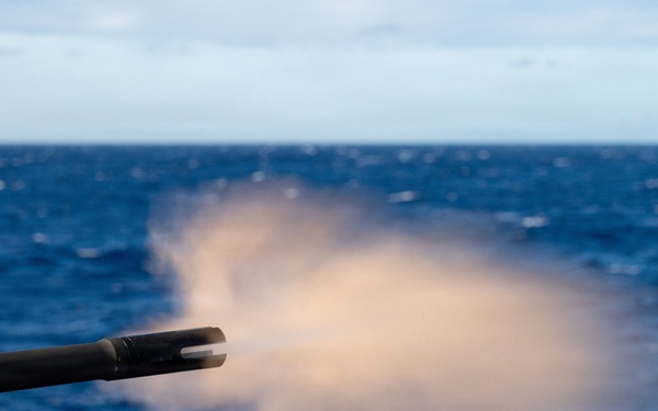 U.S. Coast Guard Cutter Kimball (WMSL 756) conducts live-fire 50-caliber training