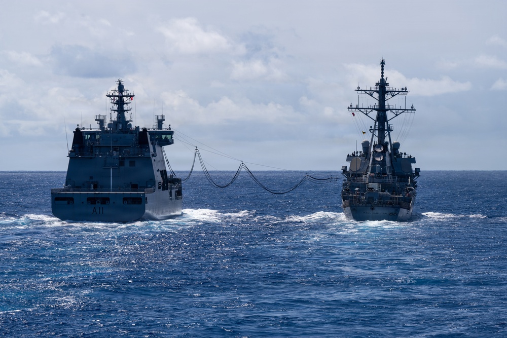 U.S. Coast Guard and New Zealand Royal Navy conduct a replenishment-at-sea during RIMPAC 2026