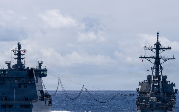 U.S. Coast Guard and New Zealand Royal Navy conduct a replenishment-at-sea during RIMPAC 2026