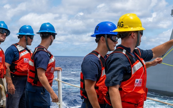 U.S. Coast Guard and New Zealand Royal Navy conduct a replenishment-at-sea during RIMPAC 2026