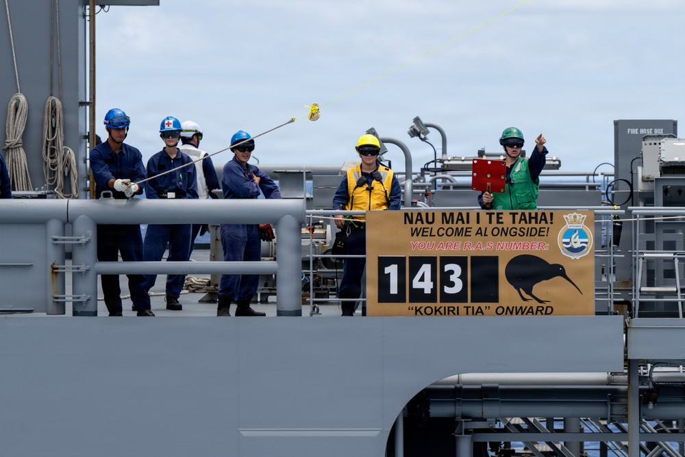 U.S. Coast Guard and New Zealand Royal Navy conduct a replenishment-at-sea during RIMPAC 2026