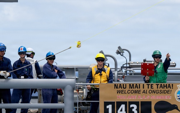 U.S. Coast Guard and New Zealand Royal Navy conduct a replenishment-at-sea during RIMPAC 2026