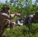 Two U.S. Army soldiers in full combat gear are operating in a wooded, vegetated area. The standing soldier is pointing and directing the other soldier who is in a low crouching position. Both wear OCP (Operational Camouflage Pattern) uniforms with American flag patches, suggesting a training exercise or field operation.