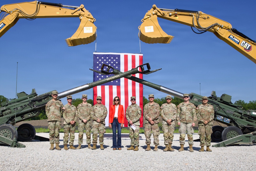 U.S. Army soldiers prepare to fire artillery rounds to celebrate the groundbreaking of the future artillery complex at Iowa Army Ammunition Plant.