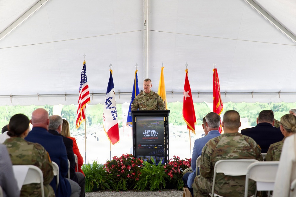 MG Eric P. Shirley, Commander, U.S. Army Sustainment Command, speaks at the groundbreaking ceremony for the future artillery complex at the Iowa Army Ammunition Plant.