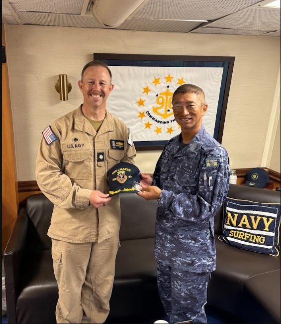 USS Chafee Commanding Officer Presents JS JS Chōkai Commanding Officer with Command Ball Cap