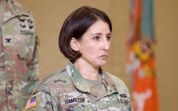 U.S. Army Reserve Brig. Gen. Kimberly K. Hamilton, commanding general of the 335th Signal Command (Theater), presides over the 359th Theater Tactical Signal Brigade change of command ceremony at Fort Eisenhower, Ga.