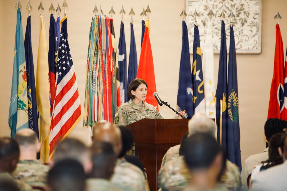 U.S. Army Reserve Brig. Gen. Kimberly K. Hamilton, commanding general of the 335th Signal Command (Theater), delivers remarks during the 359th Theater Tactical Signal Brigade change of command ceremony at Fort Eisenhower, Ga.
