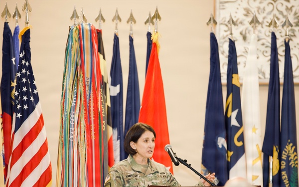 U.S. Army Reserve Brig. Gen. Kimberly K. Hamilton, commanding general of the 335th Signal Command (Theater), delivers remarks during the 359th Theater Tactical Signal Brigade change of command ceremony at Fort Eisenhower, Ga.