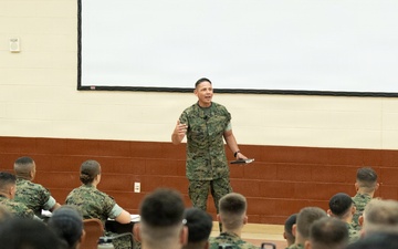 The Commandant, Gen. Eric M. Smith and the Sergeant Major of the Marine Corps Carlos A. Ruiz speak to Charlie Company TBS Instructors and Students
