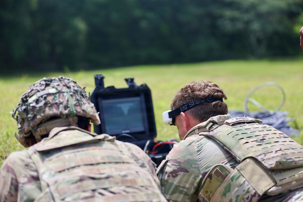 Two military personnel in multicam/OCP camouflage uniforms are lying prone in a grassy field, observing a ruggedized tactical display screen. The soldier on the right is wearing FPV (First Person View) goggles on his forehead, branded 'Fat Shark', suggesting drone or UAS (Unmanned Aerial System) operations. The setup includes a portable hardcase-mounted monitor with visible cables, consistent with a drone ground control station.