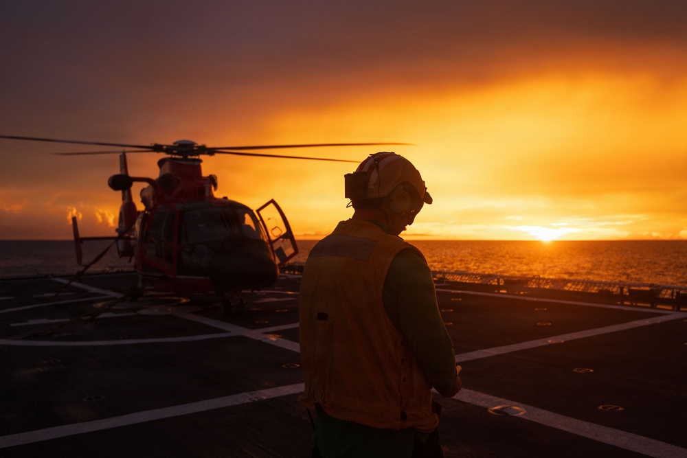 USCGC Midgett (WMSL 757) conducts night flight operations in the South China Sea