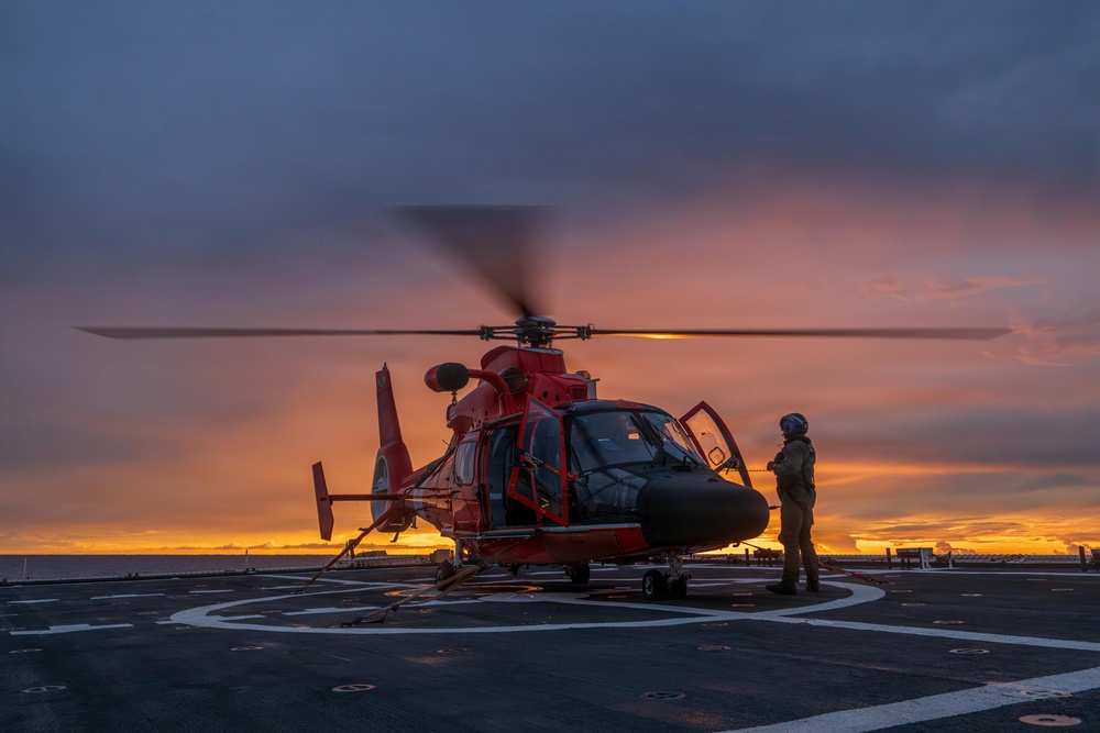 USCGC Midgett (WMSL 757) conducts night flight operations in the South China Sea