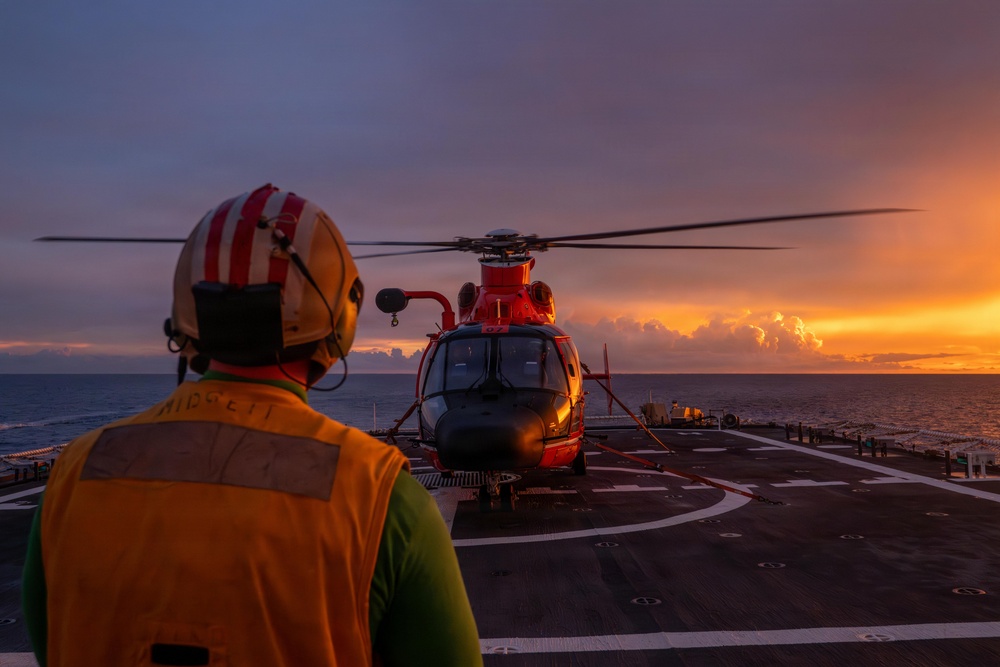 USCGC Midgett (WMSL 757) conducts night flight operations in the South China Sea