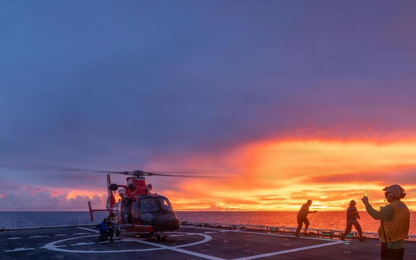 USCGC Midgett (WMSL 757) conducts night flight operations in the South China Sea