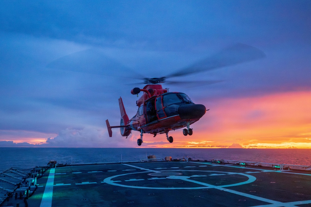 USCGC Midgett (WMSL 757) conducts night flight operations in the South China Sea