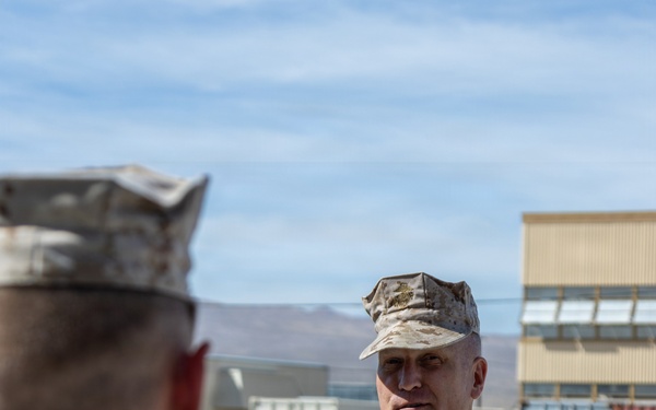 Brigadier General Kevin Collins, commanding general, Marine Corps Logistics Command, meets with civilian-Marines