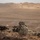 A soldier in full camouflage gear is in a prone firing position on elevated rocky terrain overlooking a vast arid desert landscape. The individual appears to be aiming a weapon downrange toward the open desert valley below. The setting suggests a military training exercise or operational overwatch position in a desert environment.