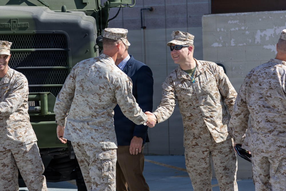 Brigadier General Kevin Collins, commanding general, Marine Corps Logistics Command, meets with civilian-Marines and tours facilities at Production Plant Barstow