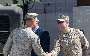 Brigadier General Kevin Collins, commanding general, Marine Corps Logistics Command, meets with civilian-Marines and tours facilities at Production Plant Barstow