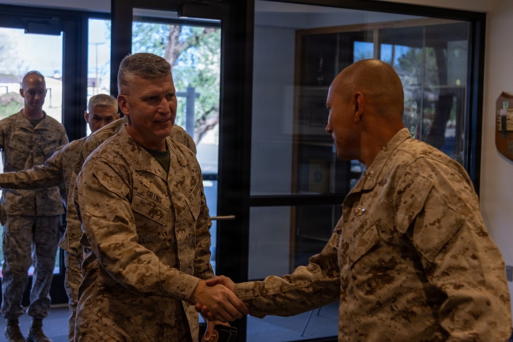 Brigadier General Kevin Collins, commanding general, Marine Corps Logistics Command, meets with civilian-Marines and tours facilities at Production Plant Barstow