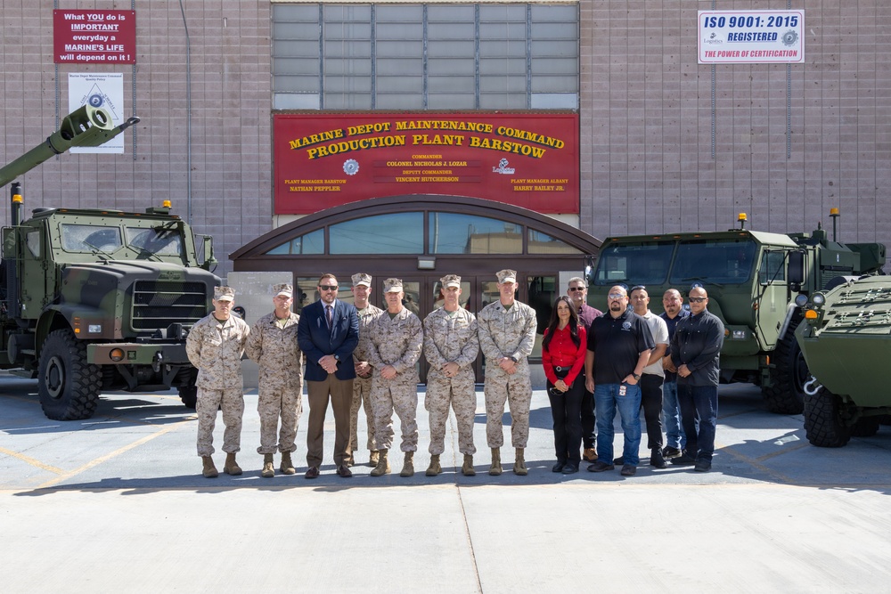 Brigadier General Kevin Collins, commanding general, Marine Corps Logistics Command, meets with civilian-Marines and tours facilities at Production Plant Barstow