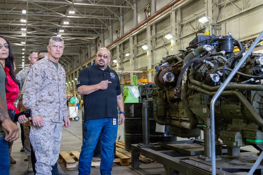 Brigadier General Kevin Collins, commanding general, Marine Corps Logistics Command, meets with civilian-Marines and tours facilities at Production Plant Barstow