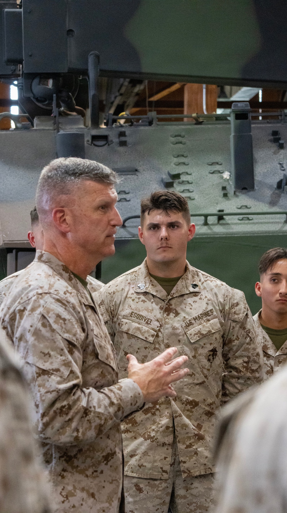 Brigadier General Kevin Collins, commanding general, Marine Corps Logistics Command tours facilities at Production Plant Barstow, California.
