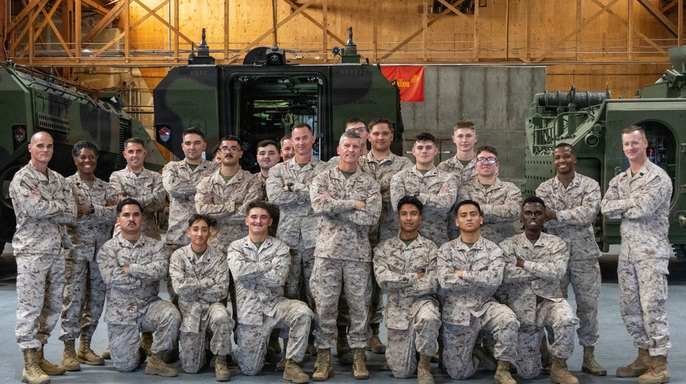 Brigadier General Kevin Collins, commanding general, Marine Corps Logistics Command, tours facilities at Production Plant Barstow, California.