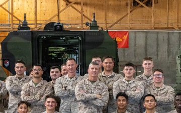 Brigadier General Kevin Collins, commanding general, Marine Corps Logistics Command, tours facilities at Production Plant Barstow, California.
