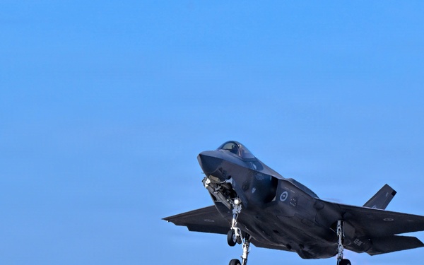 A fifth-generation stealth fighter jet, identifiable as an F-35 Lightning II, is captured in low-altitude flight with landing gear fully deployed, suggesting an approach to landing or a recent takeoff. The aircraft appears to be in a dark gray/charcoal paint scheme and bears a roundel insignia on the fuselage, consistent with a Commonwealth air force operator. The background features a treeline and clear blue sky, indicating a warm-weather airbase environment.