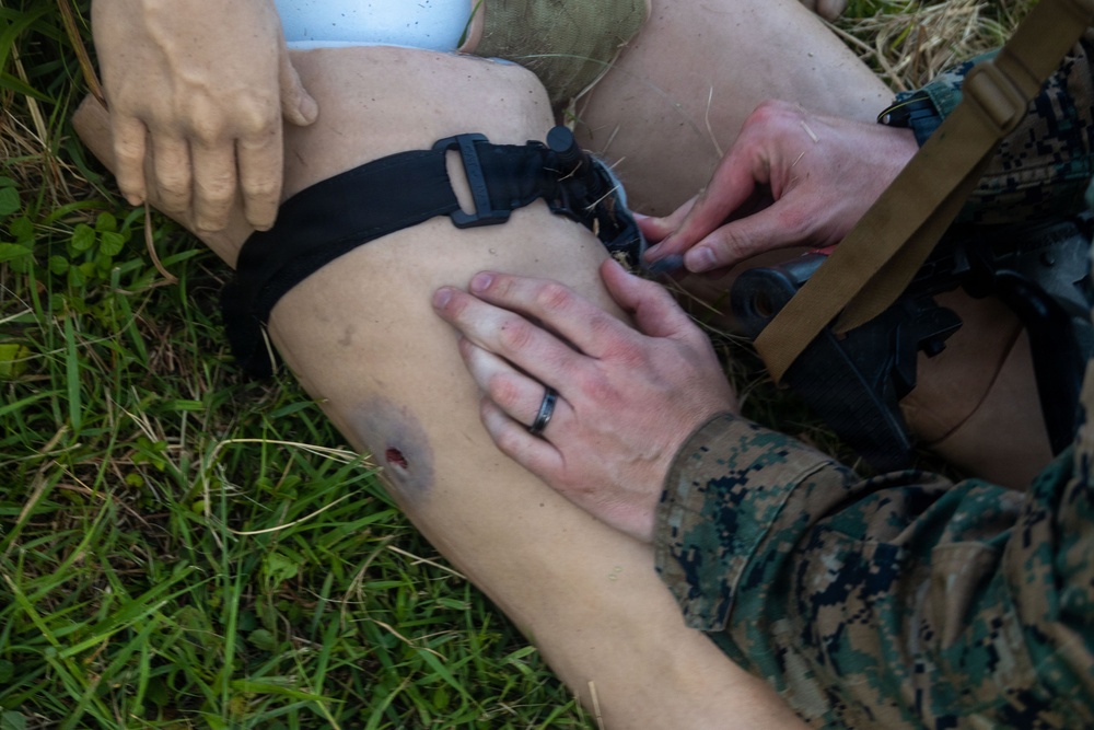 MAG-36 service members demonstrate medical response training in simulated tactical environment