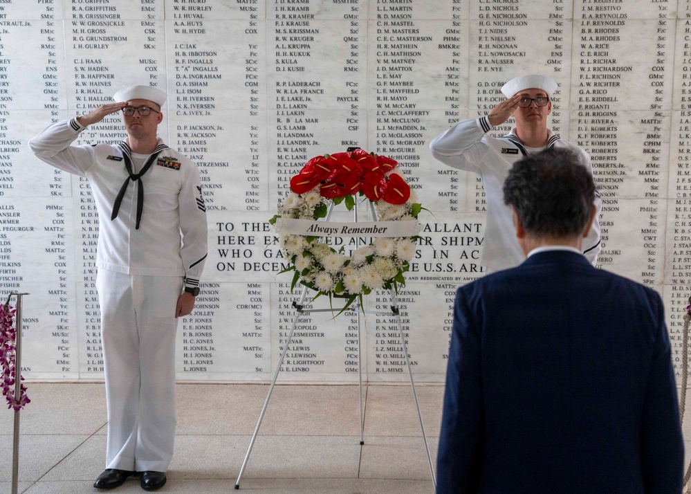 Katsuaki Kamiji, mayor of the city of Yokosuka, visits the USS Arizona Memorial with Adm. Steve Koehler, commander, U.S. Pacific Fleet