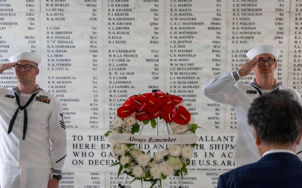 Katsuaki Kamiji, mayor of the city of Yokosuka, visits the USS Arizona Memorial with Adm. Steve Koehler, commander, U.S. Pacific Fleet