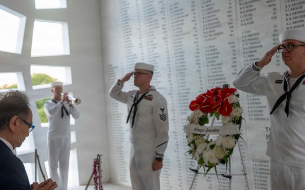 Katsuaki Kamiji, mayor of the city of Yokosuka, visits the USS Arizona Memorial with Adm. Steve Koehler, commander, U.S. Pacific Fleet