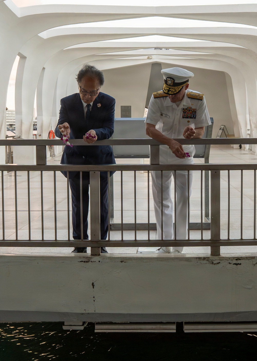 Katsuaki Kamiji, mayor of the city of Yokosuka, visits the USS Arizona Memorial with Adm. Steve Koehler, commander, U.S. Pacific Fleet