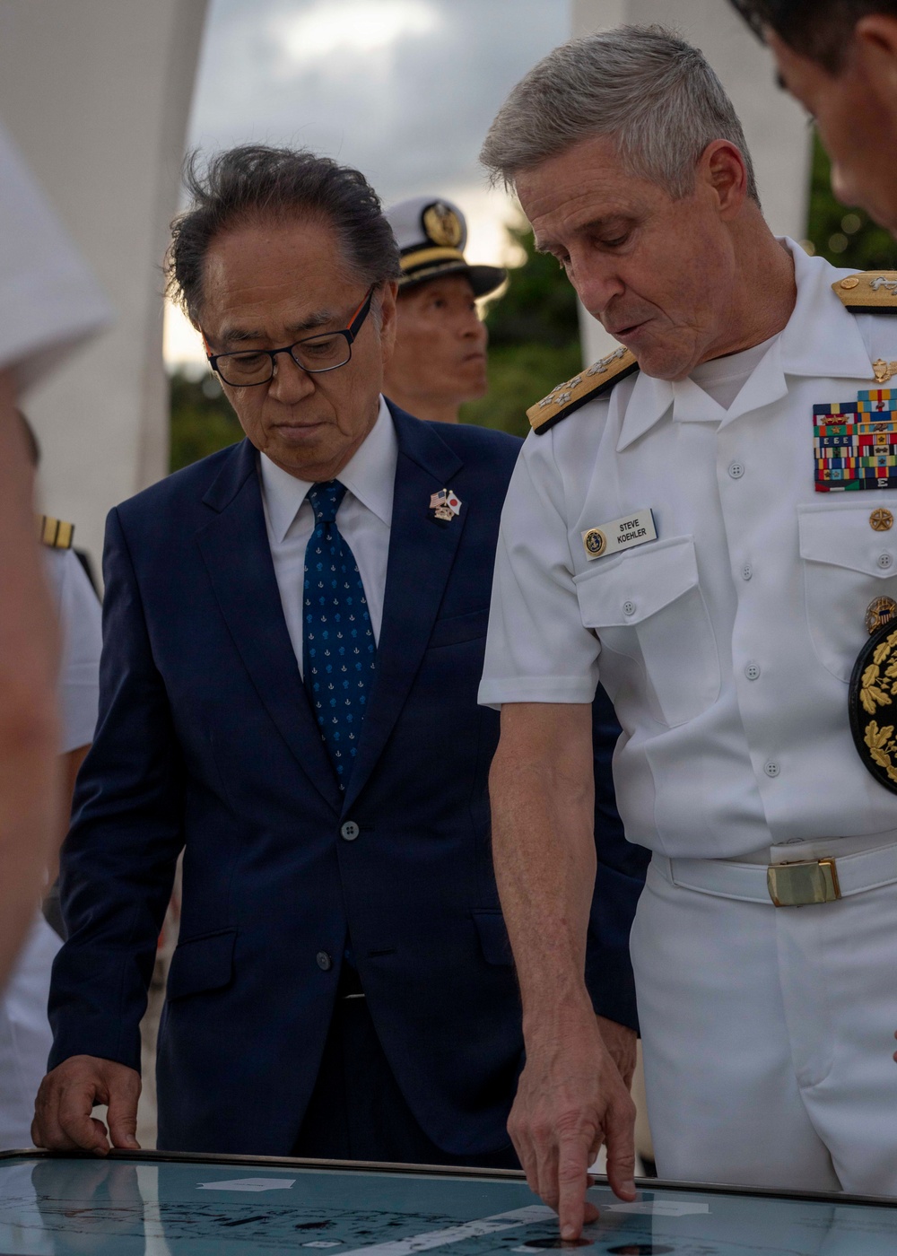 Katsuaki Kamiji, mayor of the city of Yokosuka, visits the USS Arizona Memorial with Adm. Steve Koehler, commander, U.S. Pacific Fleet